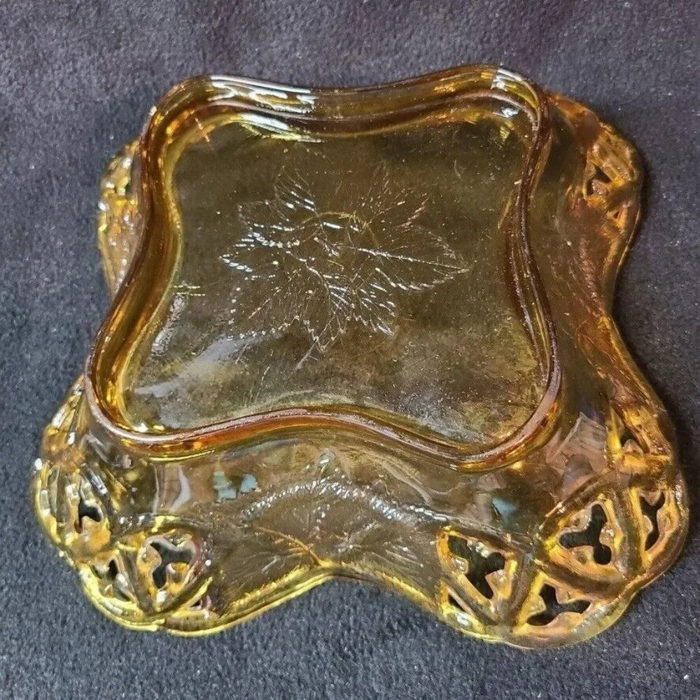 Vintage Art Glass Amber Harvest Gold Dish Scalloped Rose Embossed 11.5